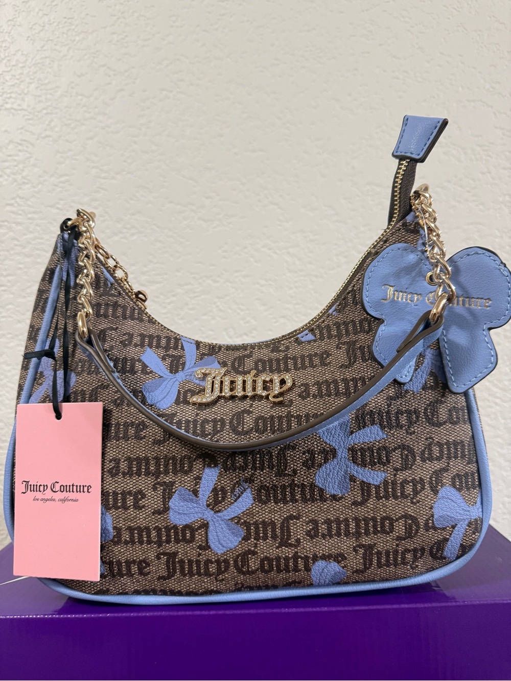 Juicy Couture Brown & Light Blue Logo Bow Shoulder Bag - Picture 2 of 8